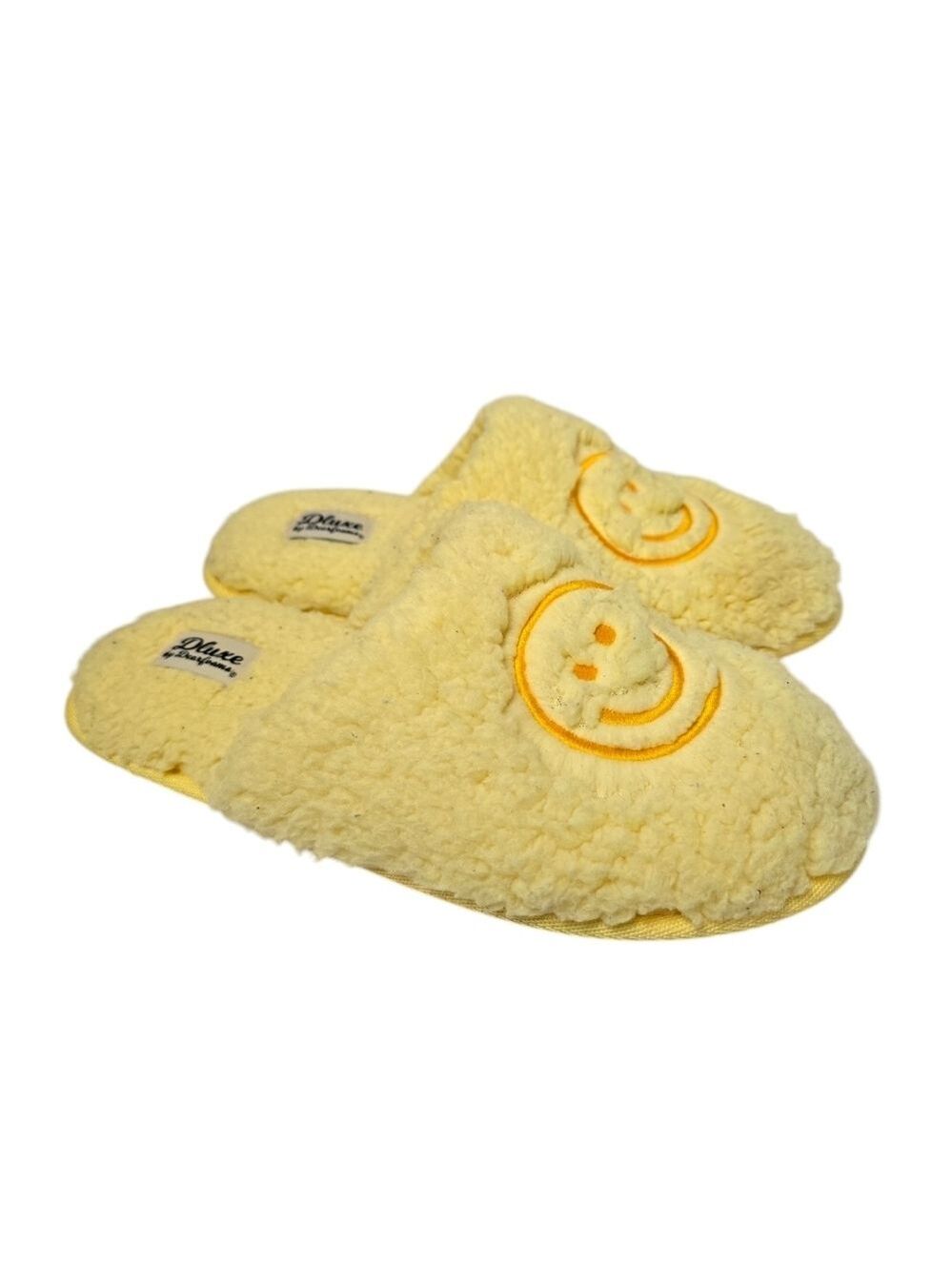 Dluxe By Dearfoams Yellow Fluffy Smiley Happy Face Slide On Slippers 9-10